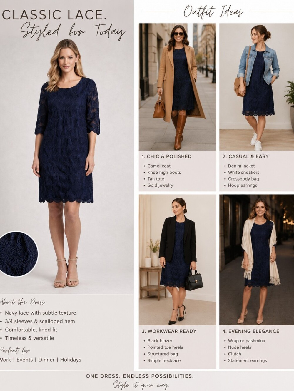 Navy Blue Lace Shift Dress 3/4 Sleeve Scalloped Hem XL